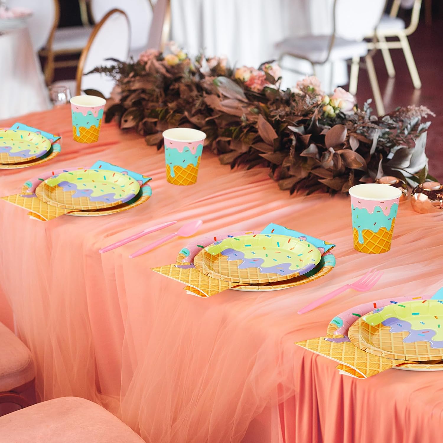 Ziliny 203 Pcs Ice Cream Birthday Party Supplies Paper Plates and Napkins Cups Forks Tablecloth Banner for Ice Cream Birthday Party Decorations, Serves 40 Guests