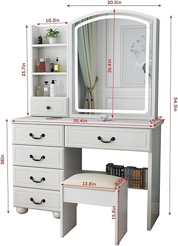 Miniatura 6 de Vanity Desk with Mirror and Lights,3 Lighting Colors Makeup Vanity Table with Sliding Mirror & Drawers & Storage Shelves & Stool, Brightness