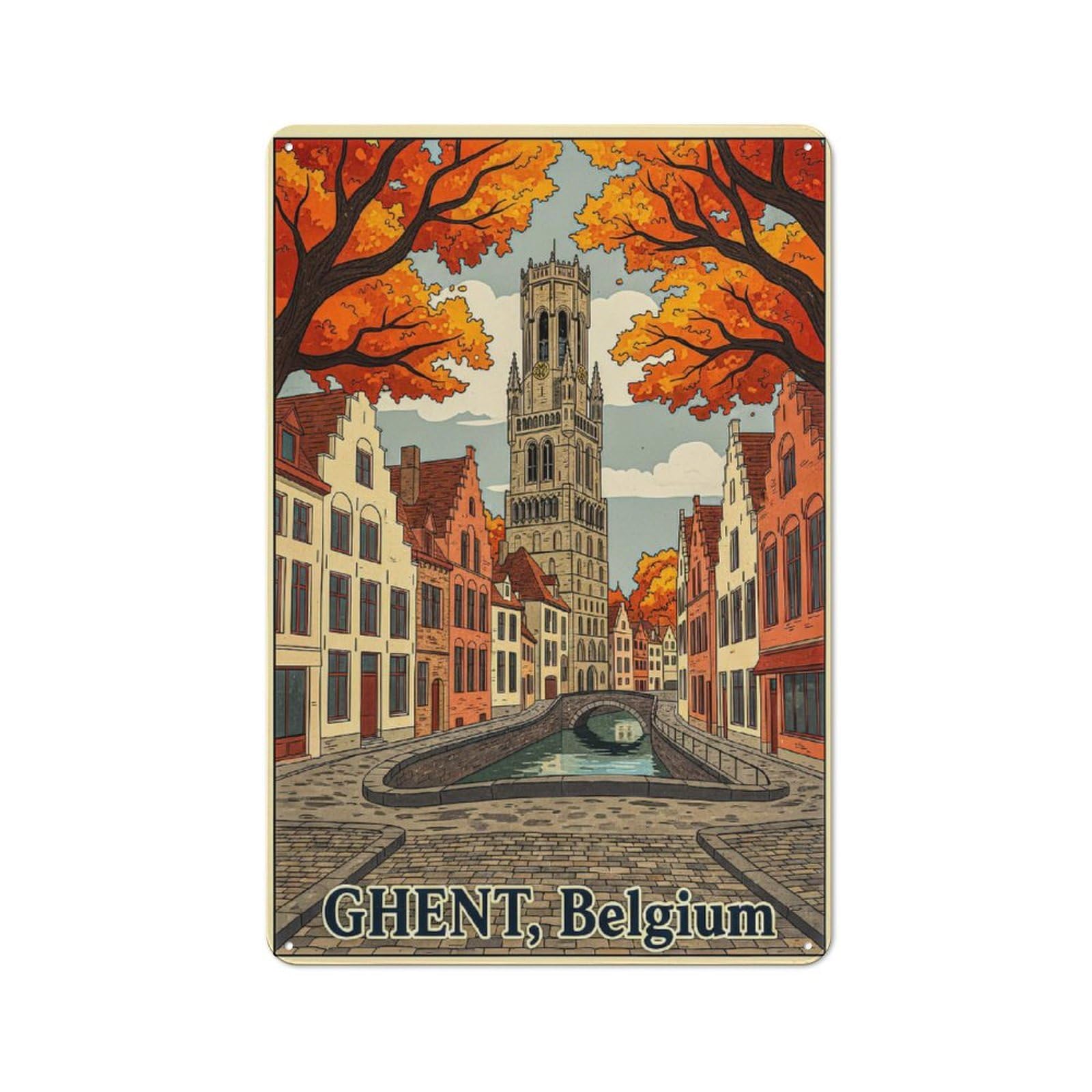 Junmoney Style-24 Modern Vintage Ghent, Belgium Autumn Canal Scene Office Metal Sign 30X20cm, Creative Space Decor For Hobby Room, Office, Lounge Or Living Room