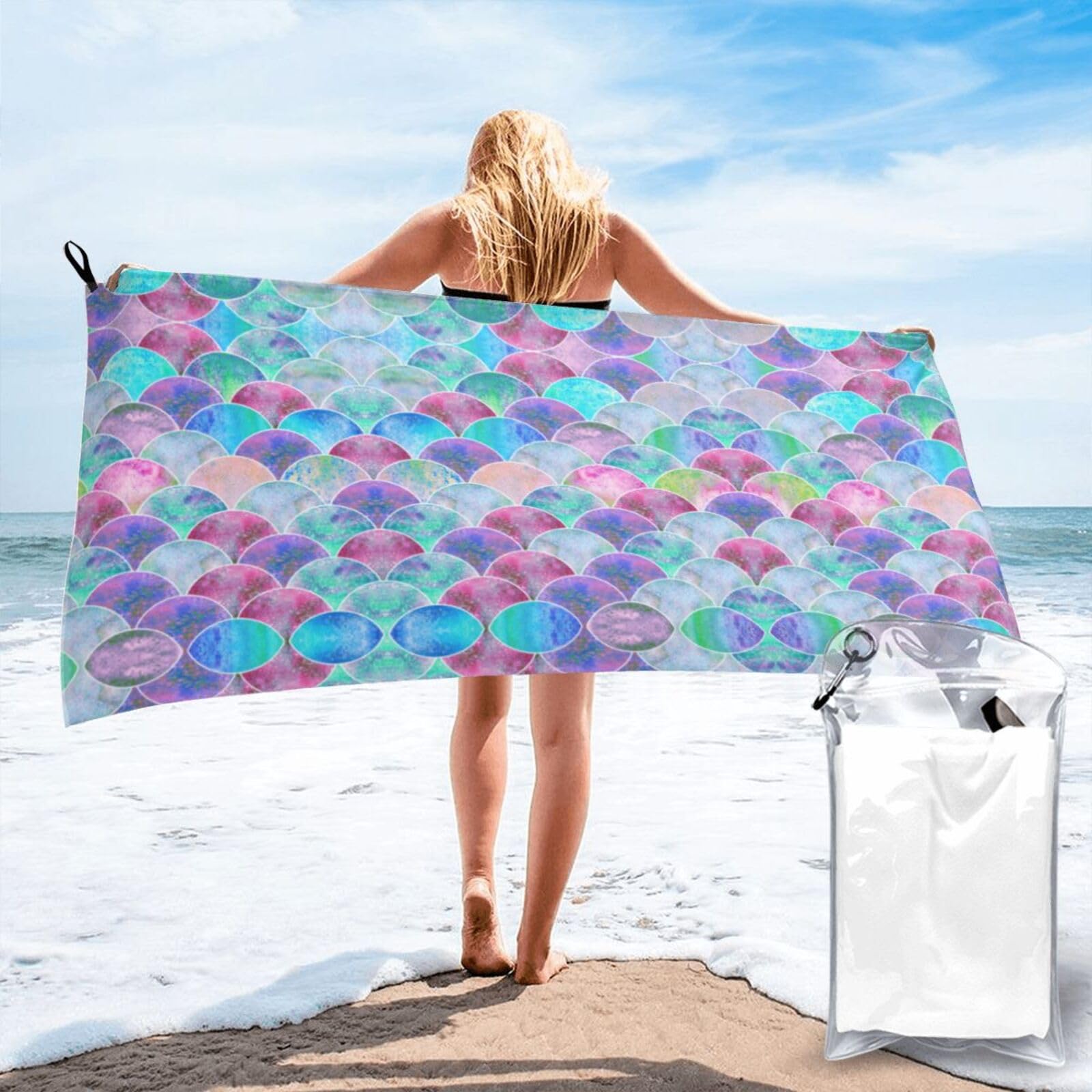 VCzsdff Fish Scale Ocean Print Quick Dry Towel Compact Beach Shower Wrap For Camping Fitness