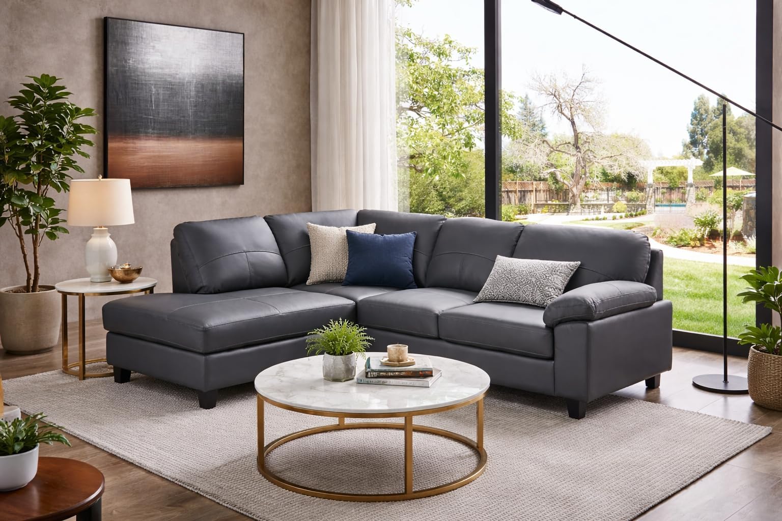 SC Furniture Ltd Dark Grey High Grade Genuine Leather Corner Sofa BOSTON (Left Hand Facing) + USB