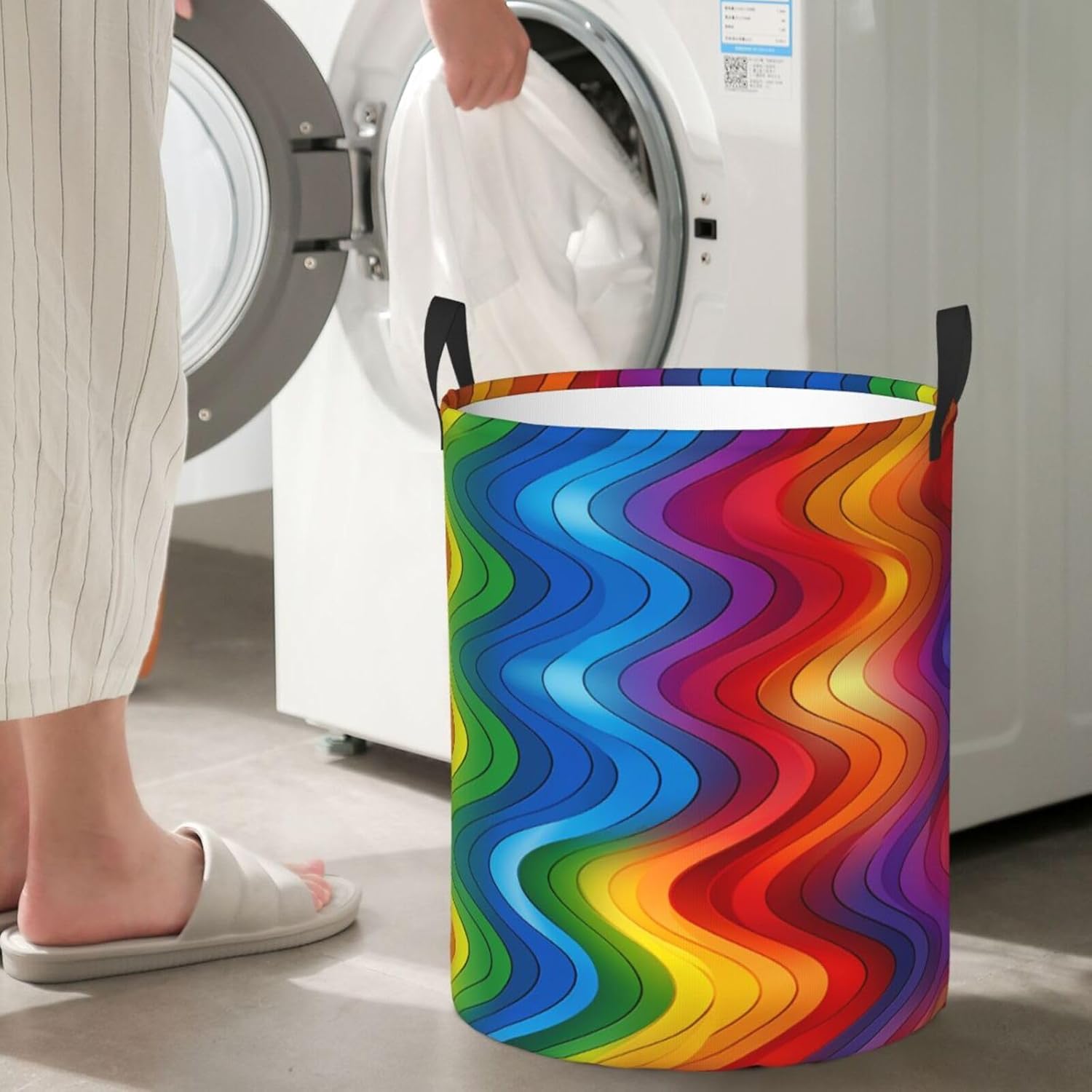 Rainbow Laundry Basket With Handles, Foldable Laundry Hamper Oxford Cloth Dirty Clothes Basket Waterproof Clothes Toys Storage Bin Organizer for Bedroom Bathroom Dorm