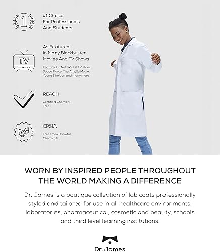 Miniatura 5 de Dr. James Abrigo de laboratorio unisex de primera calidad 100% algodón para hombres y mujeres, bolsillos para teléfono y tableta, ajuste clásico,