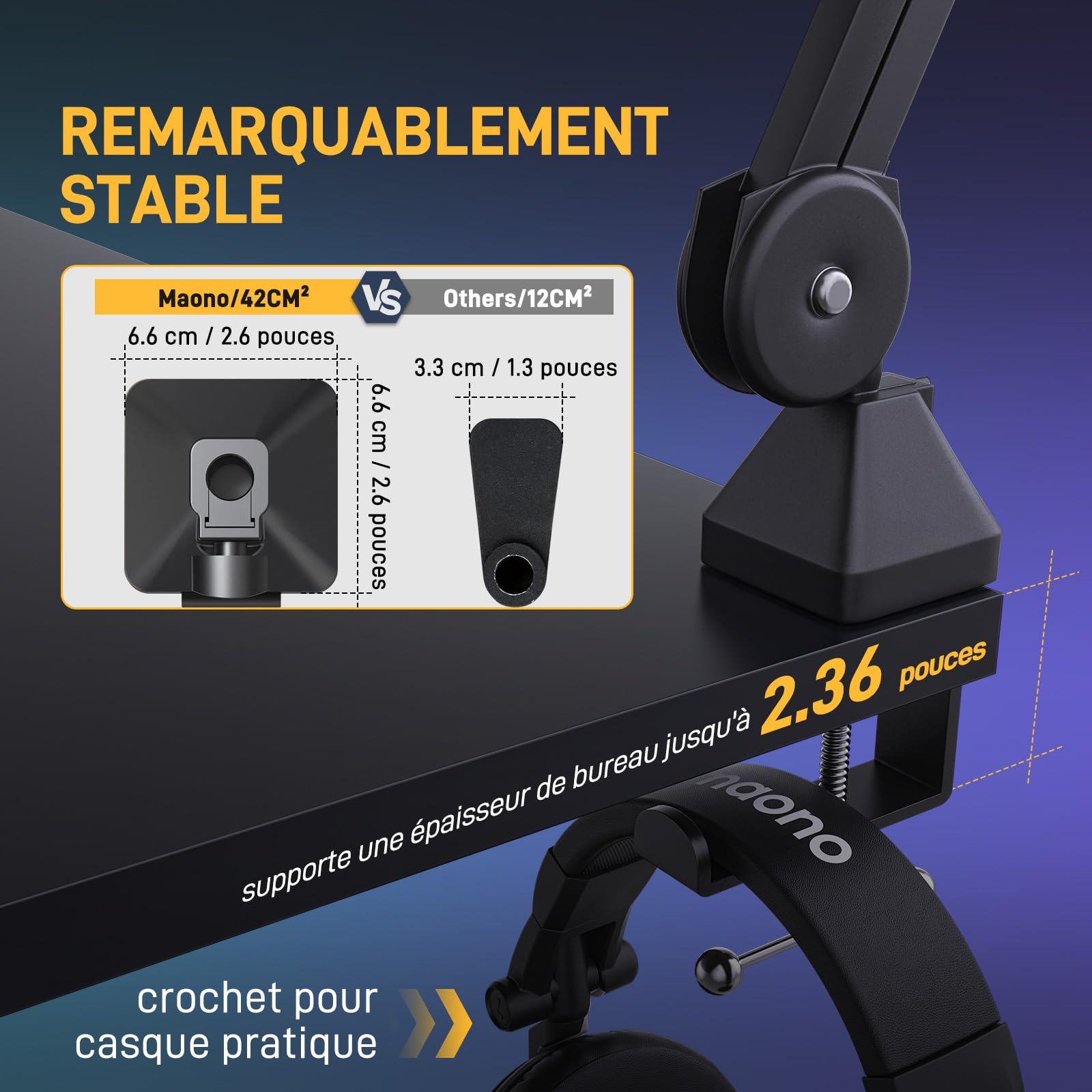 MAONO Bras micro BA37 noir - Support réglable avec adaptateur 3/8 à 5/8 pouces. Compatible Blue Yeti, HyperX QuadCast/SoloCast, Elgato Wave, FIFINE. Idéal podcast, streaming et gaming