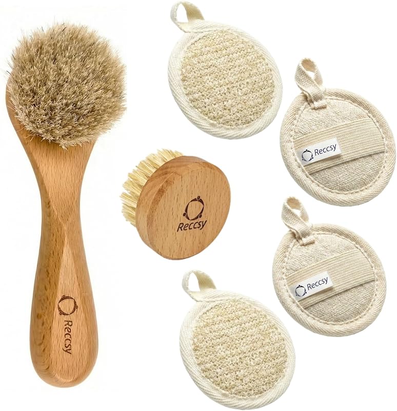Escovas manuais Reccsy para limpeza facial com cerdas naturais e pads reutilizáveis, conjunto com 6 peças