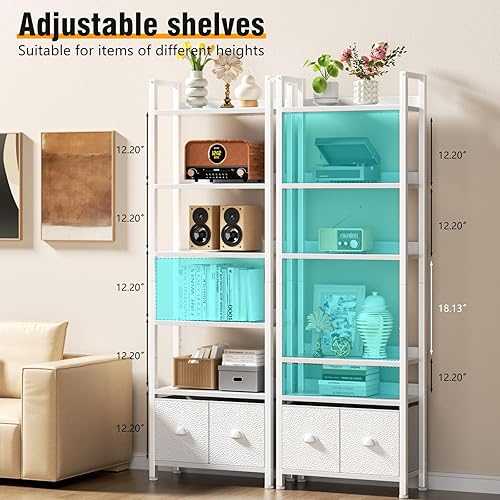 Vista 6 de Furologee Estantería blanca de 6 niveles con cajones, estantería alta de 71 pulgadas con estantes, moderna estantería de madera y metal, organizador