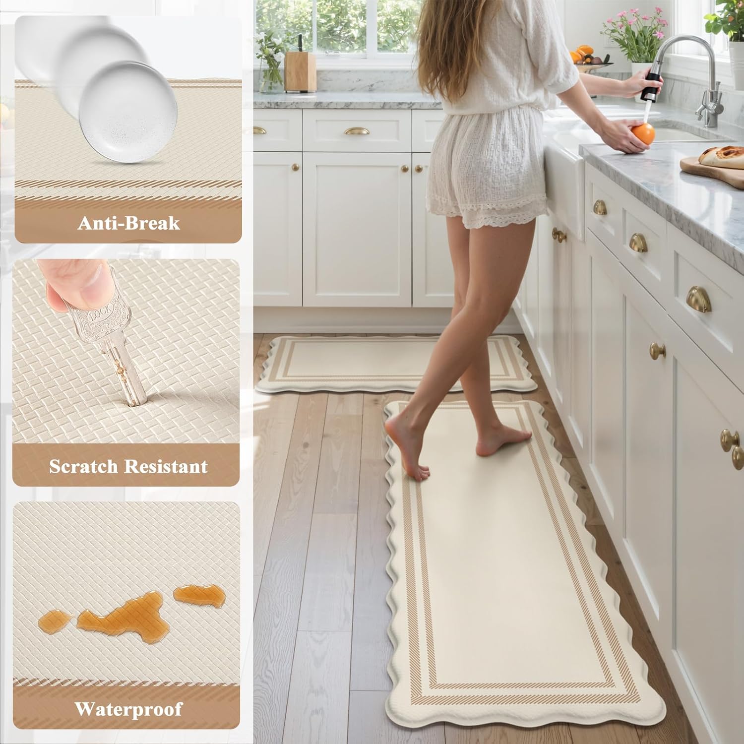KIMODE Anti Fatigue Kitchen Mats, Padded Kitchen Floor Mats,Boho Kitchen Rugs Sets of 2, Beige Scalloped Rugs for Kitchen Floor, Cushioned Standing Mat for Laundry Office Sink Desk 17"x47"+17"x29" - Image 7