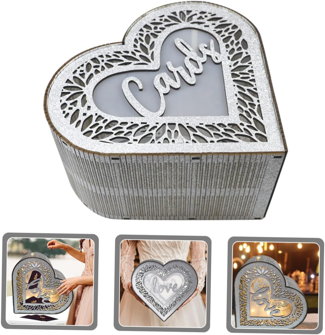 Wooden Heart-shaped Hollow Greeting Card Box Glitter Decor Wedding Reception Card Holder Anniversary Container for Party Celebration