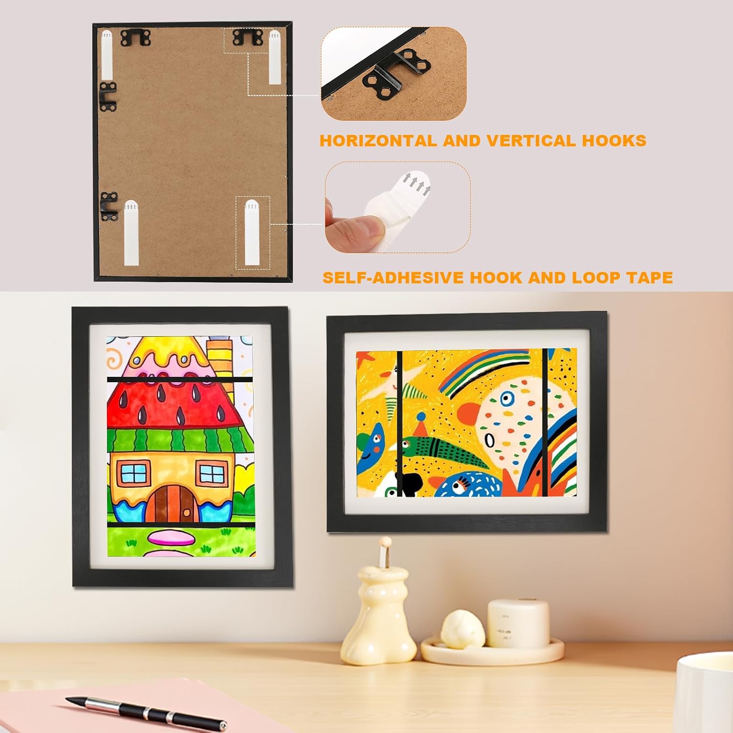 2 Pack Kids Artwork Frames Front Opening - Changeable Kids Art Frame 8.5x11 with Mat 10x12.5 without Mat, Kids Art Storage Frame Display with 24-Color Pencils & Damage-Free Reusable Hanging Strips - Black
