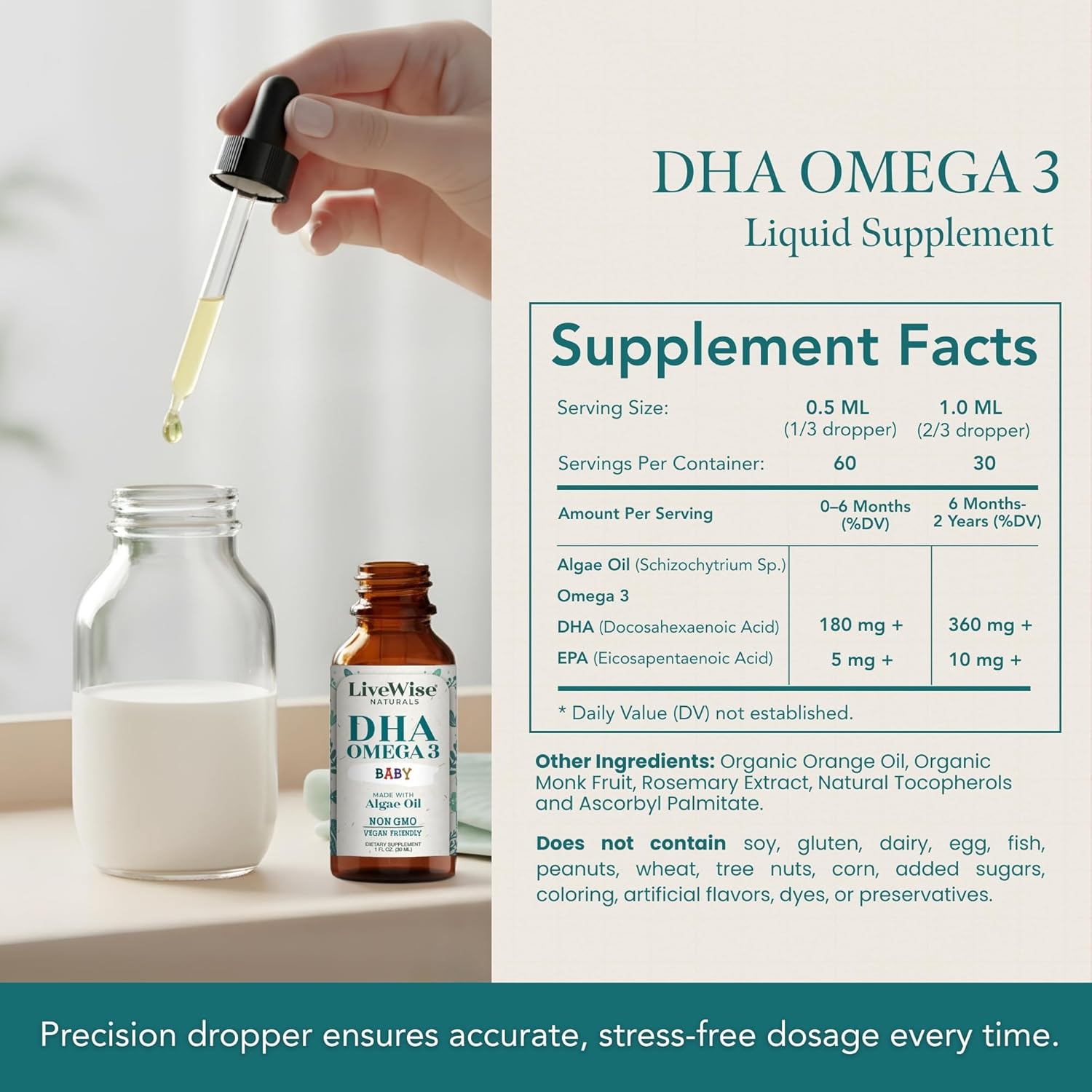LiveWise Naturals DHA Omega 3 Drops for Kids - Vegan Liquid Omega 3 for Infants, Toddlers & Children - Essential DHA Supplement for Baby Brain, Eye & Immune Health