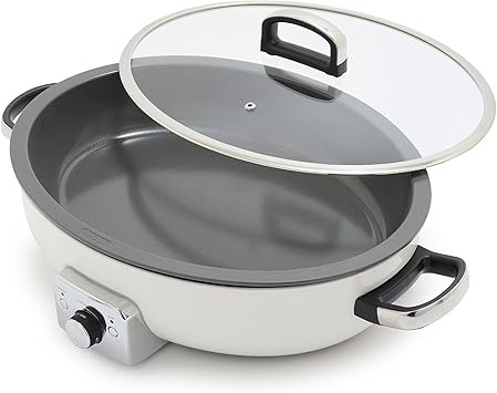 GreenPan Elite 5.5QT Electric Oval Skillet, PFAS-Free Ceramic Nonstick, 1800 Watt, Dishwasher Safe Lid & Removable Crock, Adjustable Temp Control Multi-Cooker, Sear, Saute, Rice, Stir-Fry, Cream White