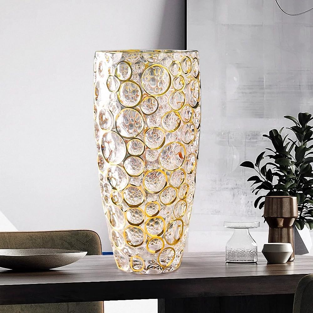 Large Hand Painted Gold dot Crystal Glass vase 11.8 inch,Large Flower Vase，Modern Vase for Living Room, Bedroom, Kitchen, Dining Table, Mantle, Wedding. (Gold)