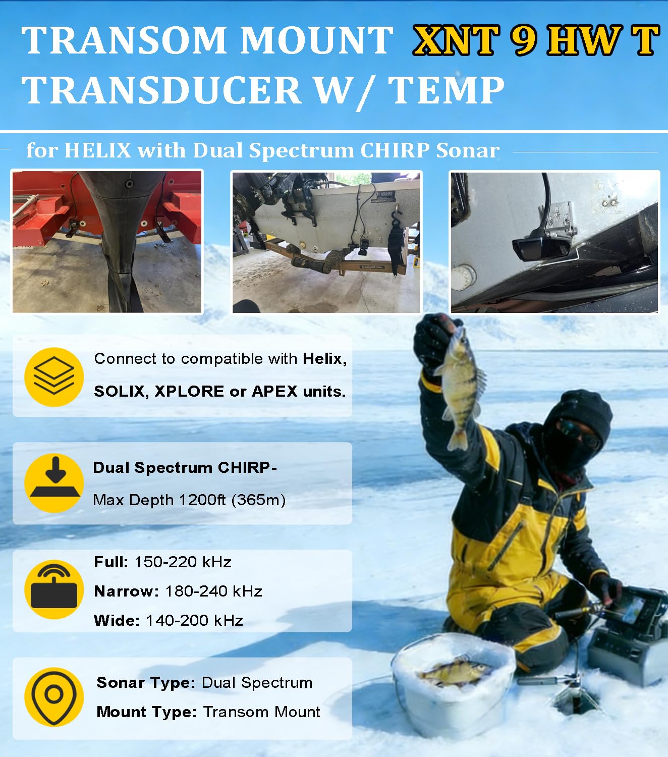 XNT-9-HW-T pour Humminbird Helix Transducteur à montage sur tableau arrière à double spectre avec température 710274-1, longueur de câble de 6,1 m, imagerie MEGA en eau peu profonde à profonde
