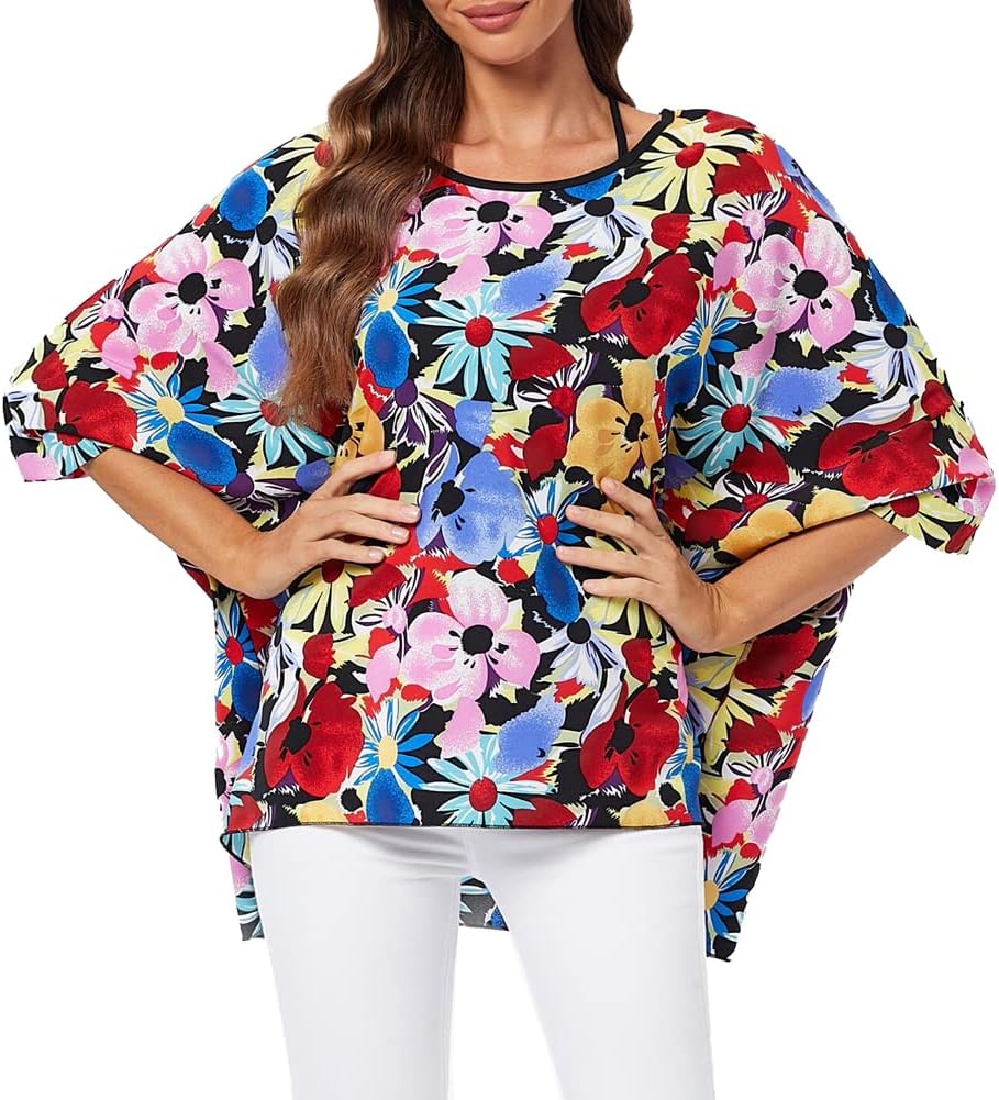 Ckikiou Womens Batwing Loose Chiffon Summer Blouse Tunic Floral Printed Boho Beach Cover ups
