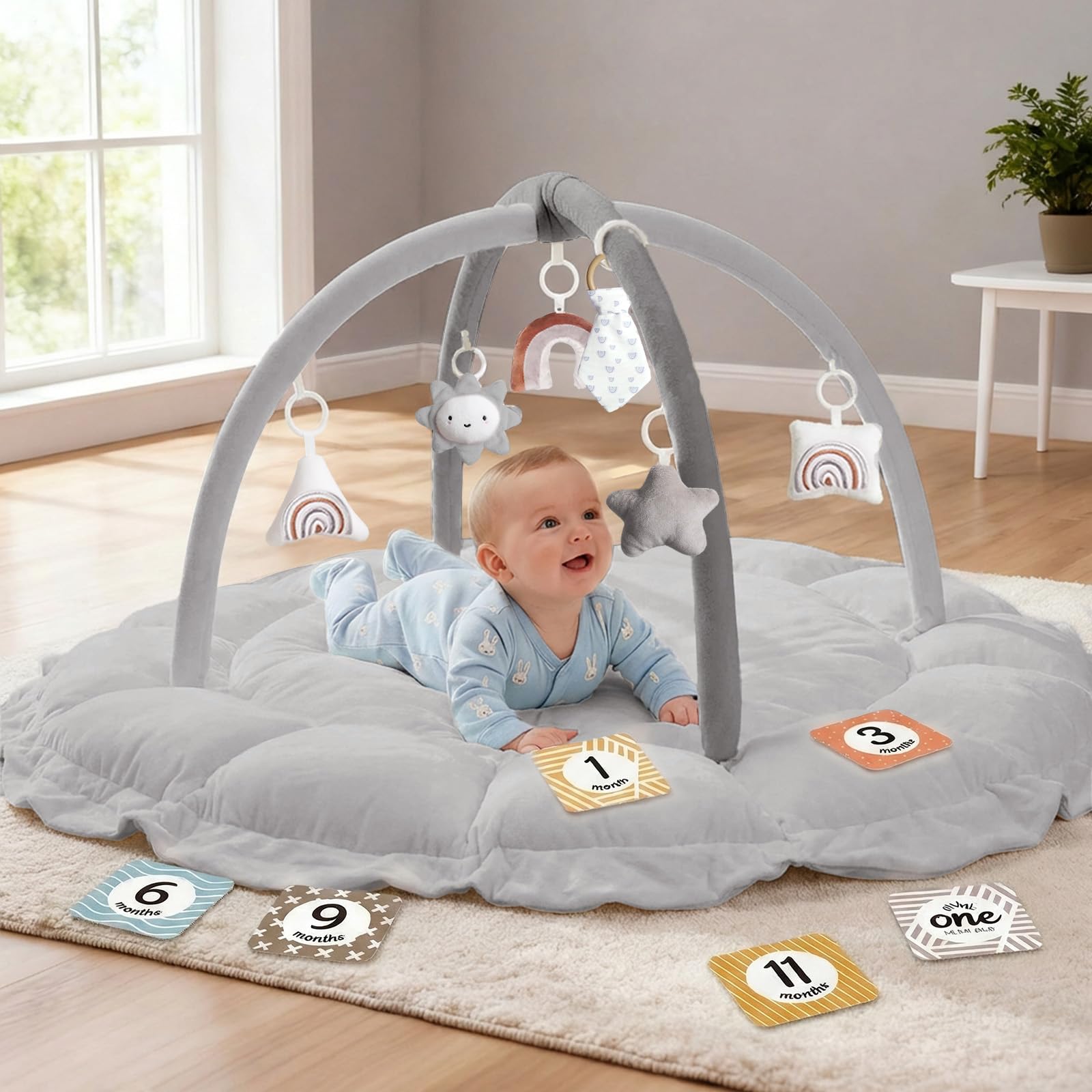 5-in-1 Thick & Plush Baby Play Gym, Baby Play Mats for Floor, Tummy Time Mat with 6 Toys, Convertible Stage-Based Developmental from Babies to Toddlers, Ball Pit, Grey Grey Round