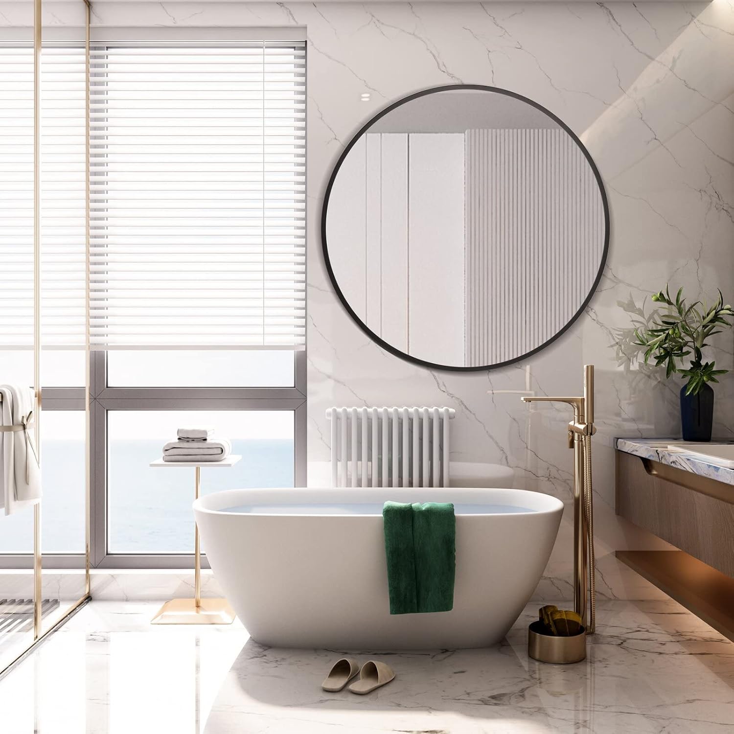 Black Round Mirror 24 Inch, Wall Mirror with Black Metal Frame, Round Bathroom Mirror for Vanity, Bathroom, Entryway, Living Room, Home Decor Circle Mirror