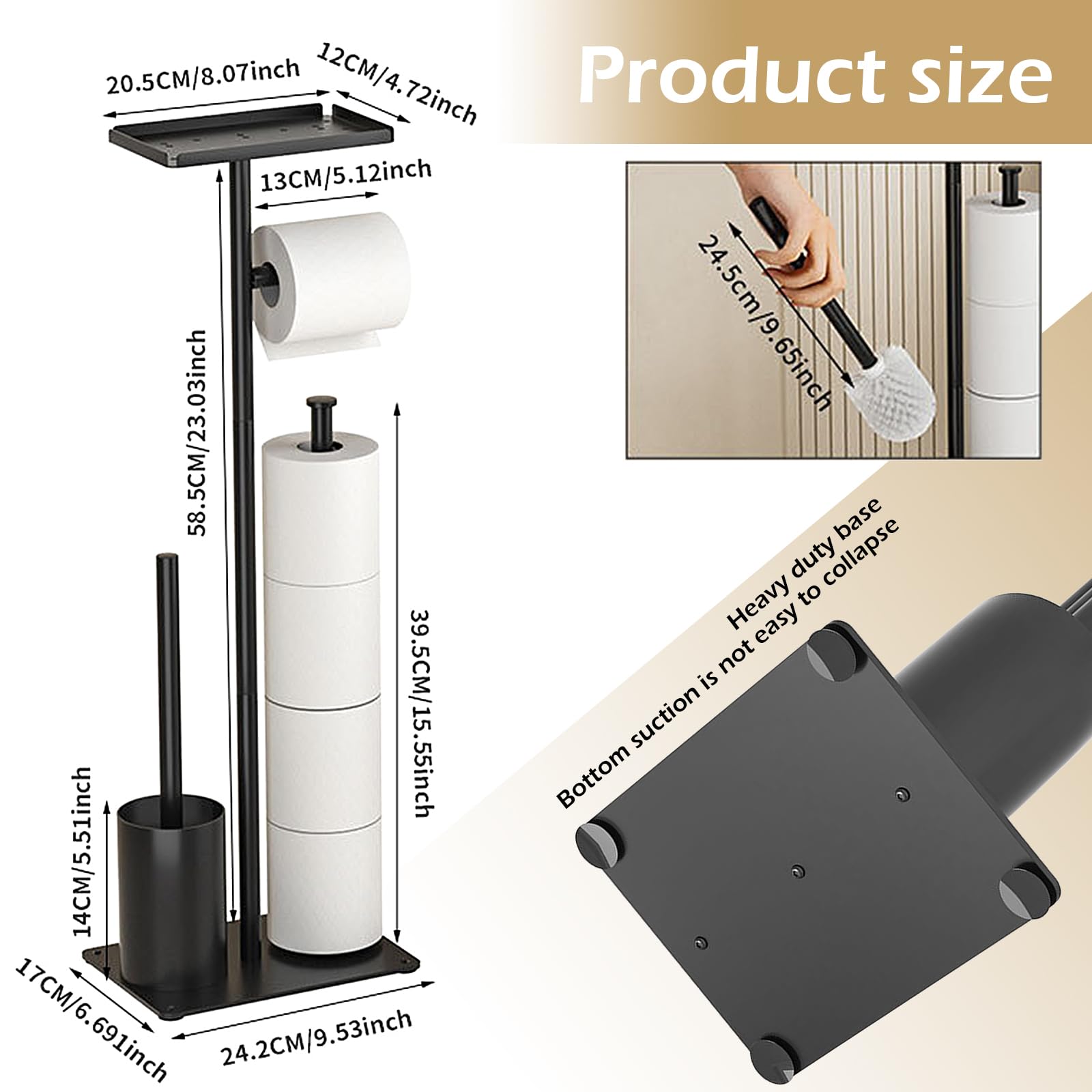 LYGSWDB Mattschwarzer Stand-Toilettenpapierhalter und Bürstenset – stilvoller Halter mit Ablage für Toilettenpapier-Reinigungstücher und Bürste – Perfekter Badezimmer-Nizer