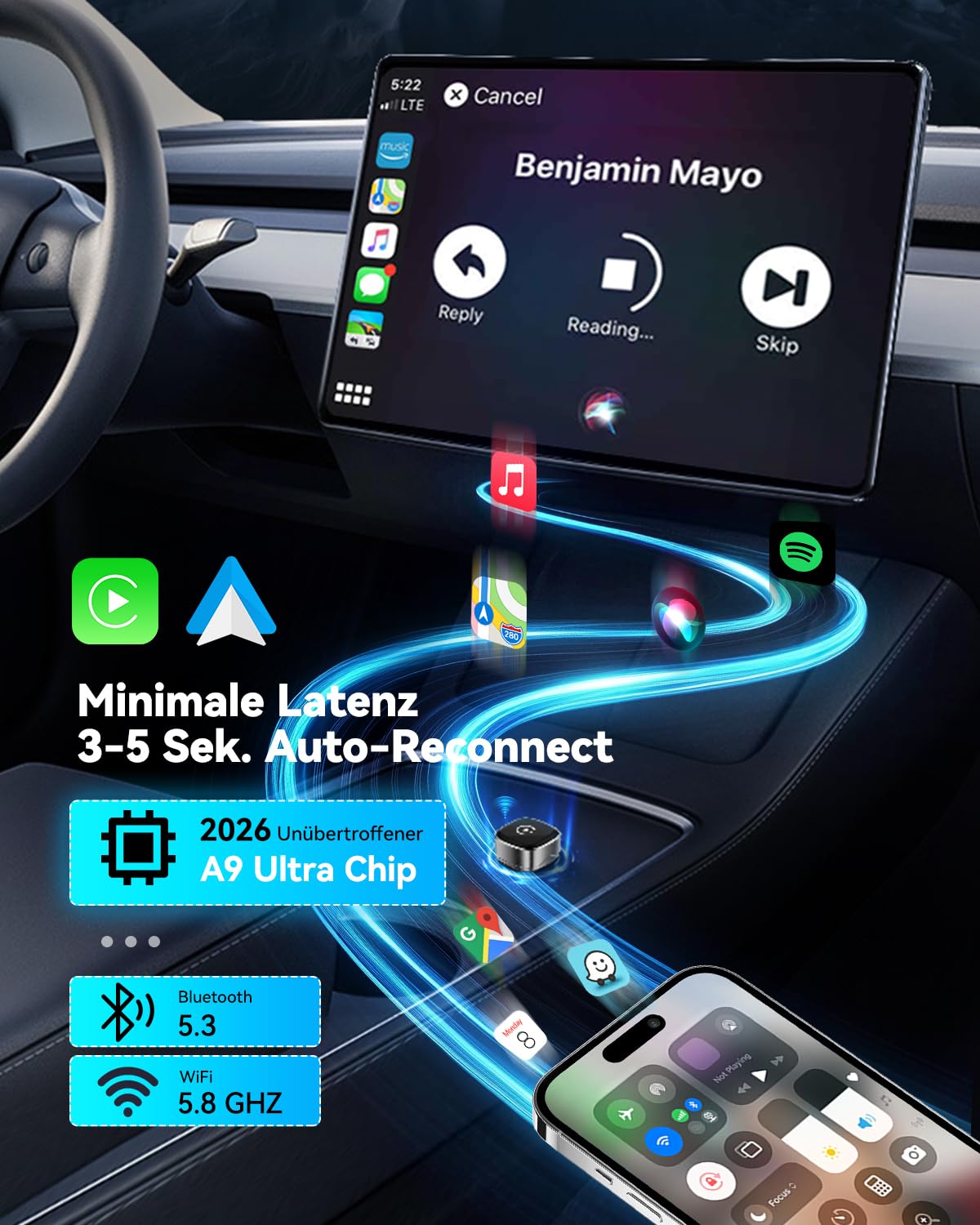 Mini Wireless CarPlay & Android Auto Adapter 2026, WLAN 6 Kabellos Car Play Adapter, Stabil & Flüssig, 3-5s Auto‑Verbindung, überhitzungsfrei, USB‑C/A, für iOS 10+ & Android 10+ (Silber)
