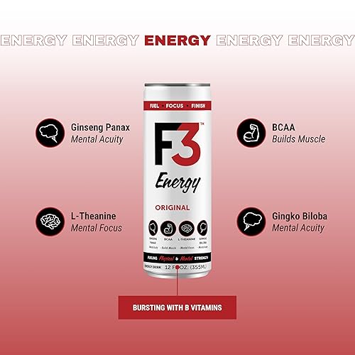 Vista 4 de F3 Energy Paquete variado de bebidas, bebidas deportivas para fortalecimiento muscular con BCAA, Panax Ginseng y Ginkgo Biloba, bebidas energéticas