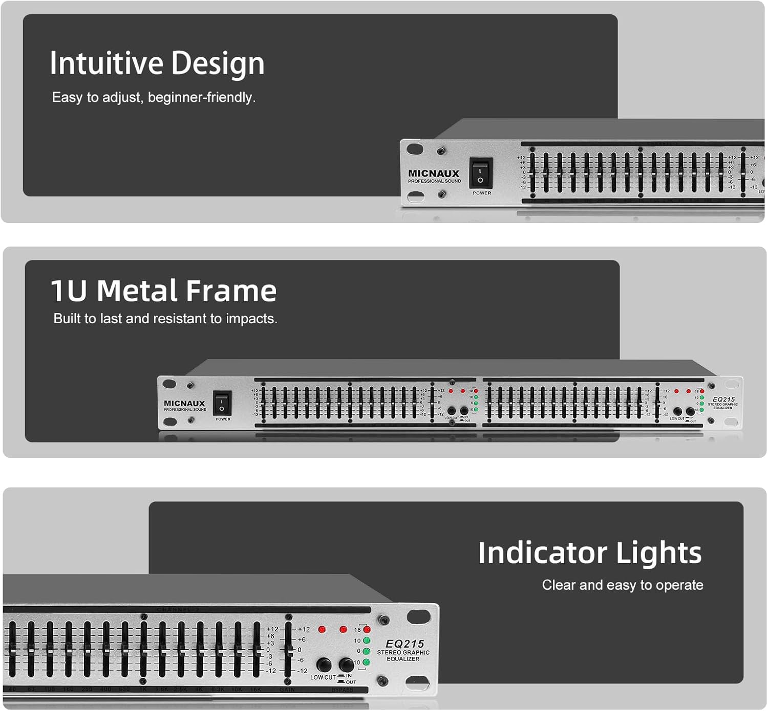 Stereo Equalizer for Home Audio System, Dual Channel 15-Band Silver Graphic Equalizer Professional Rack Mount DJ EQ, Noise Reduction - EQ215S