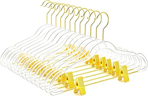 MIZGI Perchas delgadas de oro transparente para pantalones y faldas (paquete de 20) – Clips y ganchos ajustables, transparentes sin fieltro, ahorro