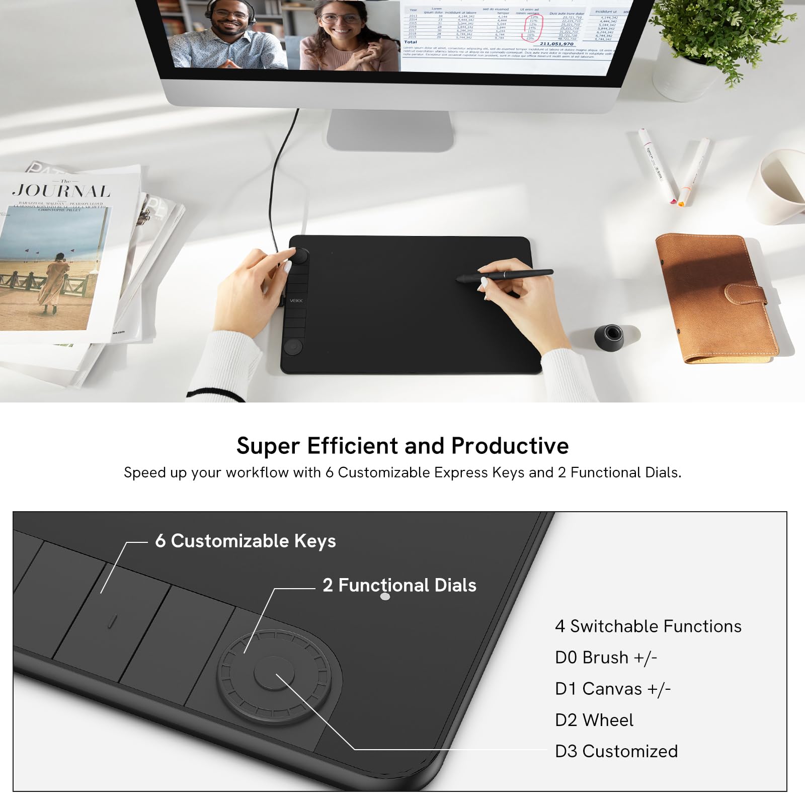 VEIKK VK1060 Pro Tableta Gráfica de Dibujo, 10 x 6 Pulgadas Tableta Dibujo con 2 Ruedas de Desplazamiento y 6 Teclas de Acceso Rápido, ​Compatible con Android, Mac,Chrome OS,Windows, Linux
