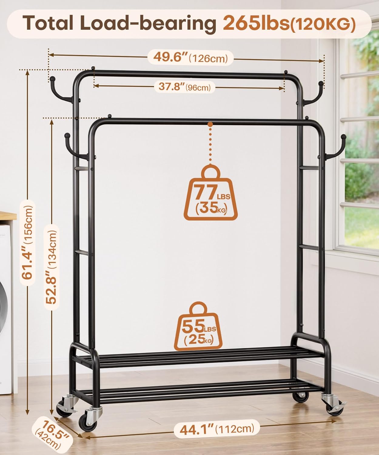 Homde Heavy Duty Clothes Rack: 265lb Rolling Double Rod Garment Hanging - Metal Coat Organizer Storage Display Shelf on Wheels for Bedroom Laundry Black 44"