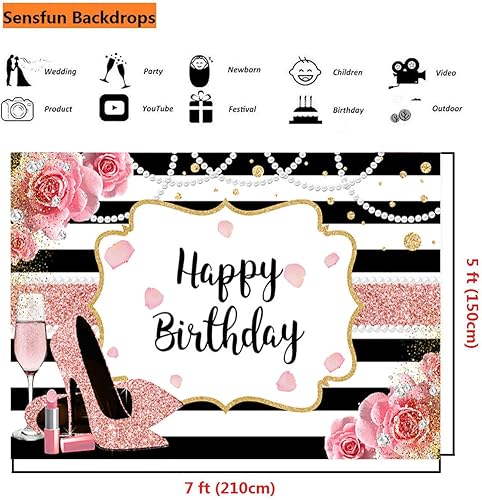 Miniatura 4 de Sensfun Cartel de fondo de feliz cumpleaños floral rosa de 7 x 5 pies para mujer, fondo de fotografía de tacón alto dorado rosa con purpurina para