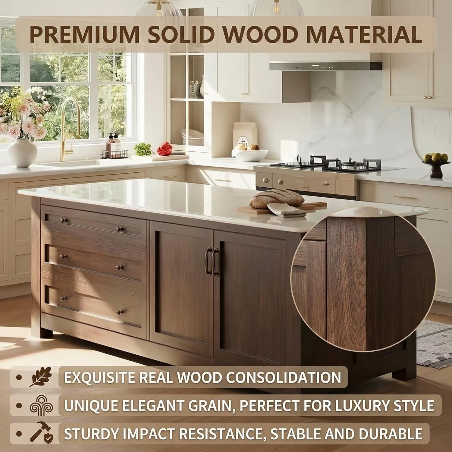 Kitchen Island with Storage - Kitchen Island Table with Slate Top,Brown Bar Includes Cabinet Storage and Drawers for 4 People (70.87IN No Chairs)