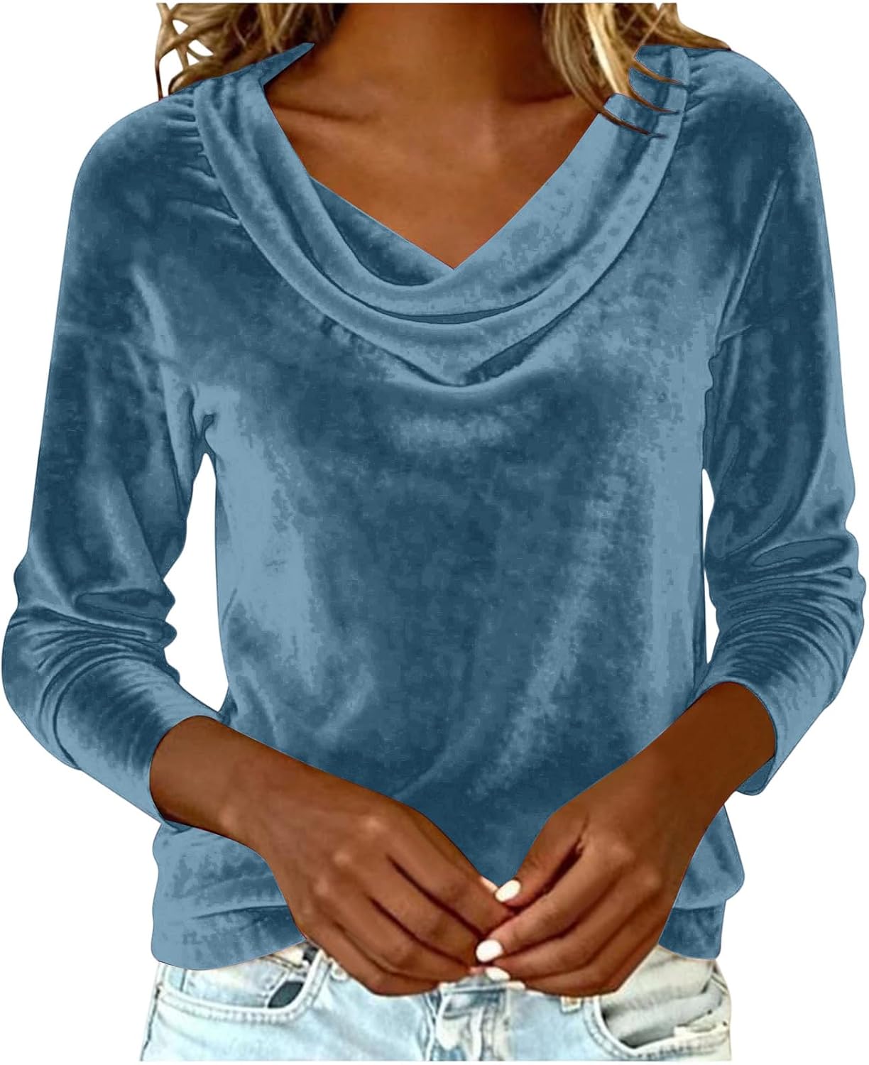 Cowl Neck Tops for Women Long Sleeve Velvet Draped Winter Shirts Casual Ruched Velour Lightweight Warm Work Blouse - Image 3