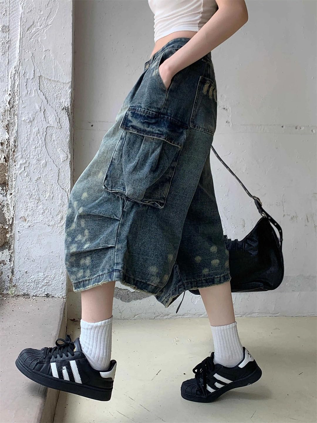 Damskie retro szerokie nogawki workowate spodenki dżinsowe Harajuku sprane luźne dżinsy z wysokim stanem, NIEBIESKI, S