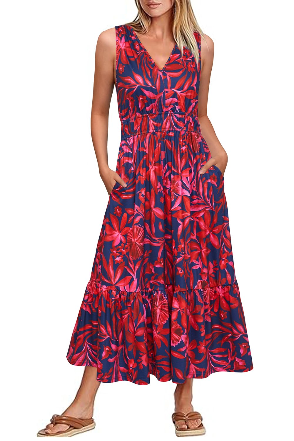 Newshows Sommerkleid Damen V Ausschnitt Ärmelloser A Linie Sommer Kleid Lang Strandkleid mit Taschen