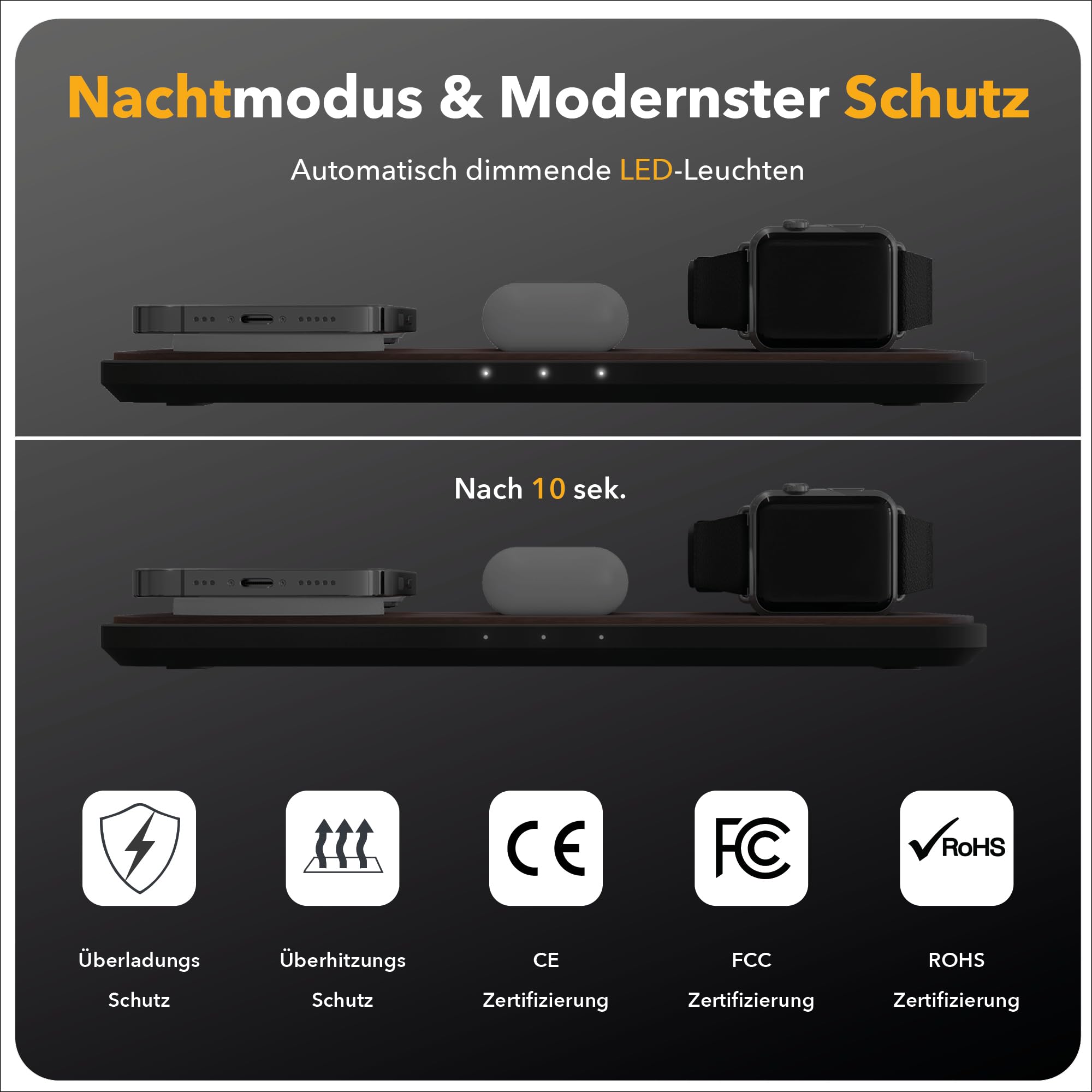 Woodcessories Multibase Pro - Stazione di ricarica 3 in 1 in legno | Magsafe Caricabatterie | Stazione di ricarica induttiva per iPhone, Apple Watch, Air Pods con adattatore da 45 W