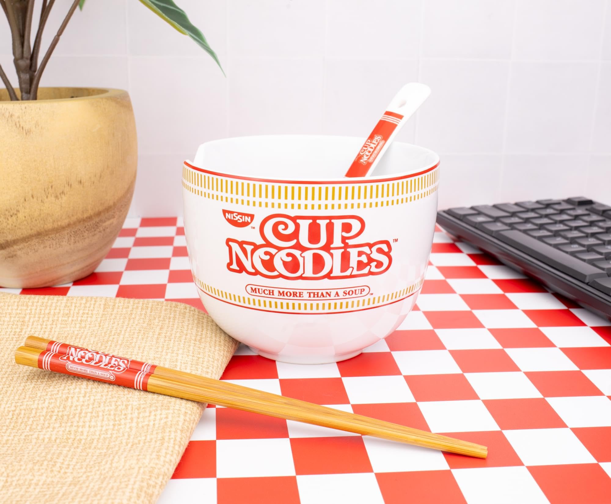 Silver Buffalo Nissin Cup of Noodles “Much More Than a Soup” Ceramic Ramen Bowl Set with Chopsticks and Spoon, 20 Ounces