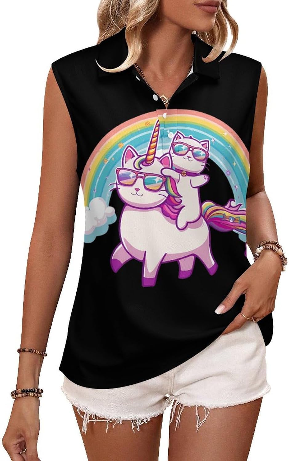 Magical Adventure Cat Horse Women's Sleeveless Polo Tank Top Print T-Shirt Tops Casual Tops Summer Workout