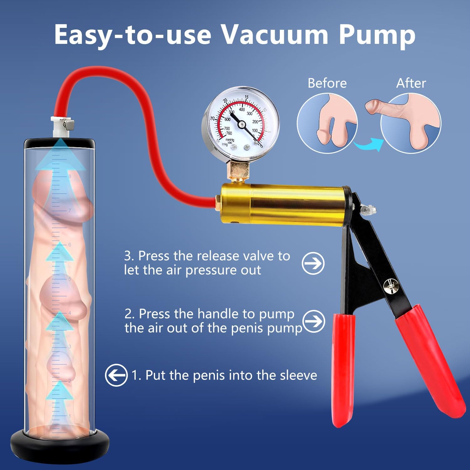 Manual Penis Pump Male Pump Pumps with Red Metal Handle Dick Pump with Pressure Gauge Sex Toy - Pumps & Enlargers Penile Vacuum Pump for Men to Increase Penis Size 9 x 2.5 inch