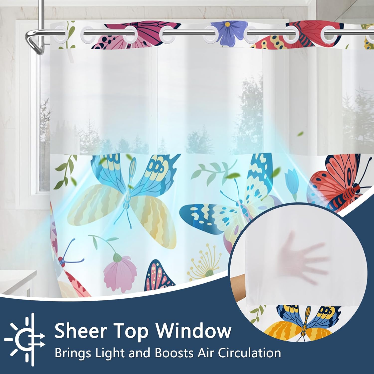 Bathroom Shower Curtain and Liner Set, Colorful Butterfly Garden Pattern No Hook Shower Curtain with Sheer Top Window and Weighted Hem, Double Layers Waterproof Fabric Shower Curtains, 71x74 Inches