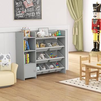 Julimoon 4-Tier Kids Toy Storage Organizer, Montessori Toy Shelf with 8 Plastic Storage Bins & Metal Rack, Multipurpose Kids Book Shelf and Toy Organizer for Nursery, Daycare & Playroom Organization