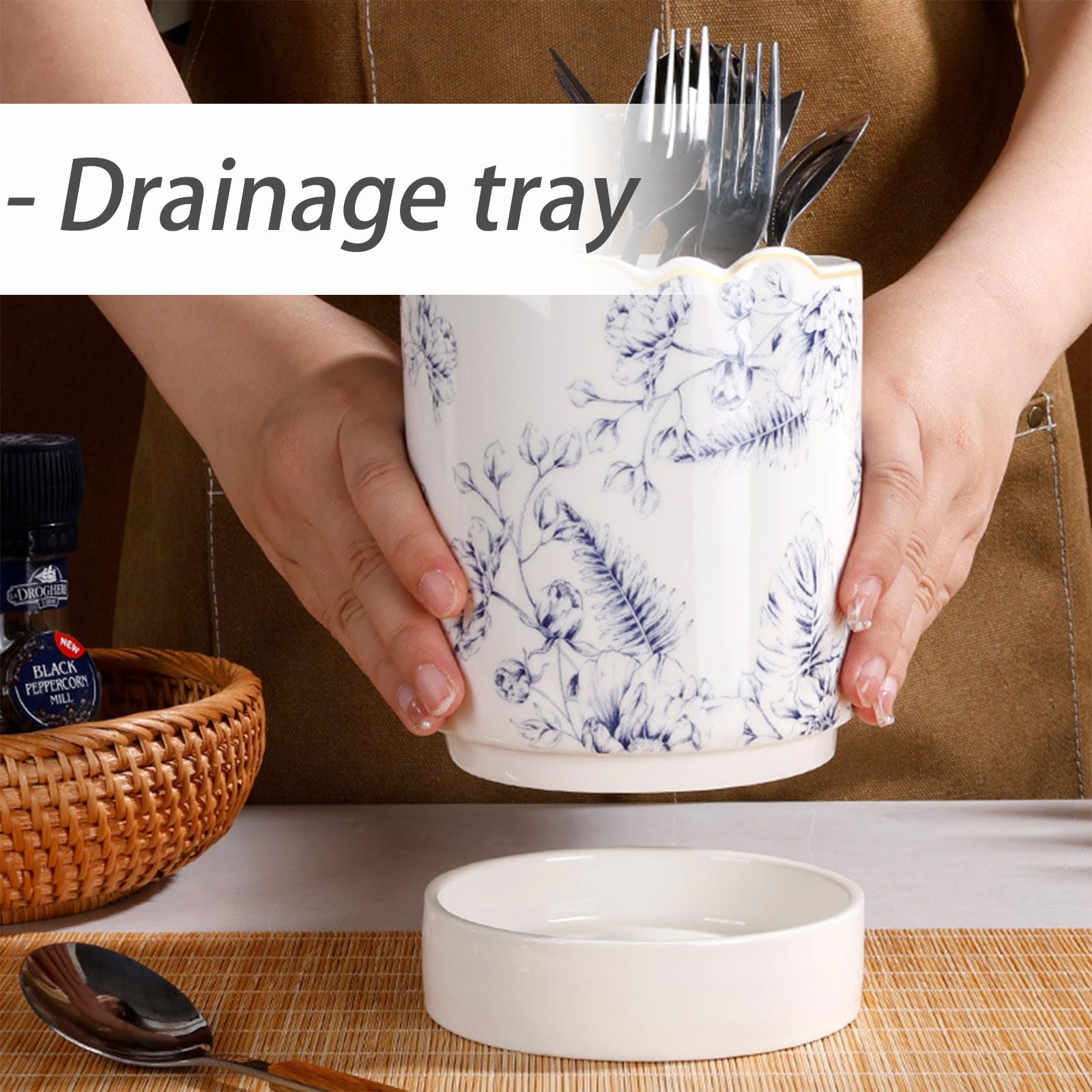 Dxcaicc Organizzatore per Posate da Cucina con Vassoio per l'acqua, Supporto per esktop Portautensili in Ceramica, Cucchiaio per Utensili da Cucina e Contenitore per spatola in coccio per