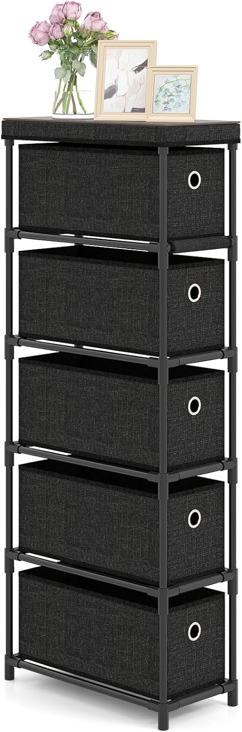 Giantex Dresser with 5 Drawers, Slim Fabric Storage Tower with Metal Frame, Wood Top & Easy Pull Handles, Space-Saving Chest of Drawers for Living Room, Office, Closet, Hallway & Entryway, Black