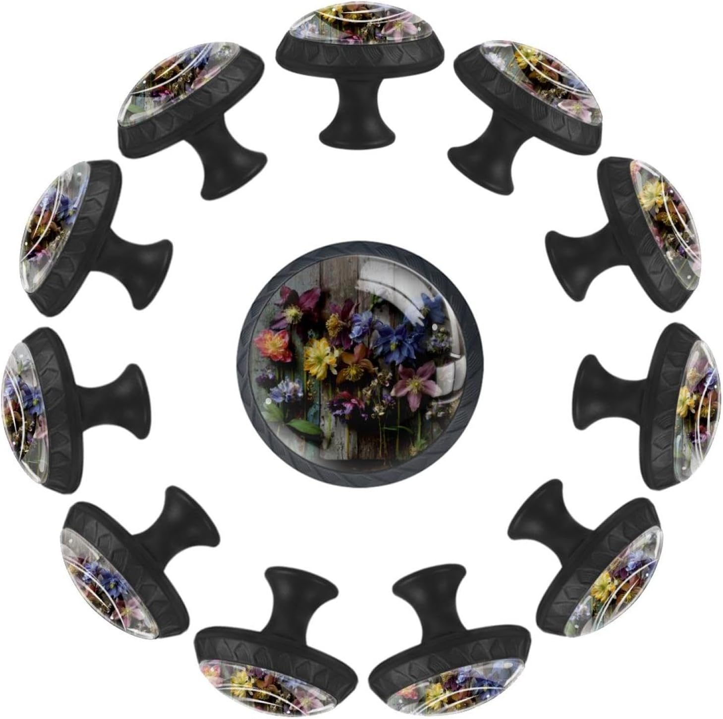 Black Base Marble Pattern (2) Cabinet Pulls, Decorative Drawer Knobs for Wardrobe Dresser, Premium Glass Hardware with Screws