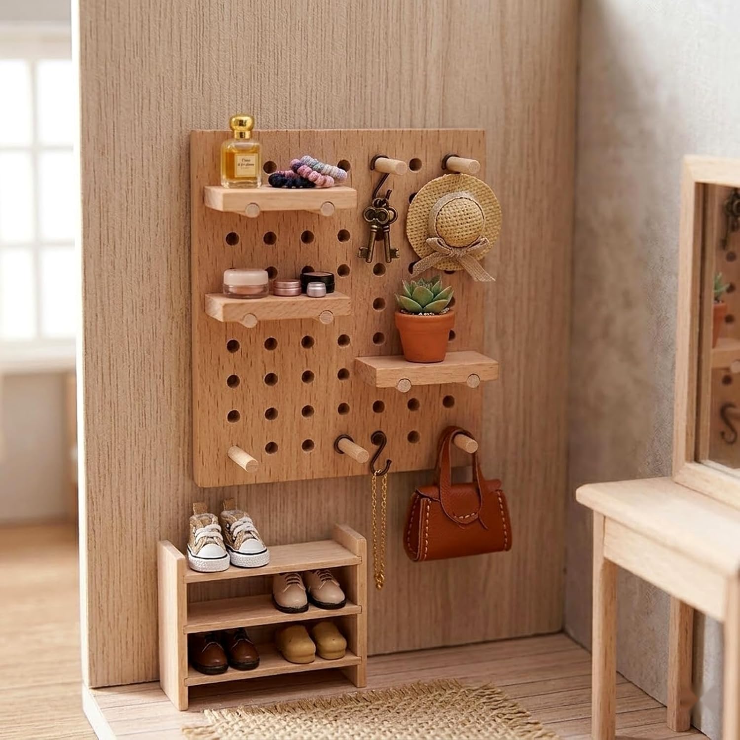 LOGOFUN 2pcs Solid Wood Miniature Wall Pegboard for Bjd Dollhouse Scene Storage Props and Decorations Accessories