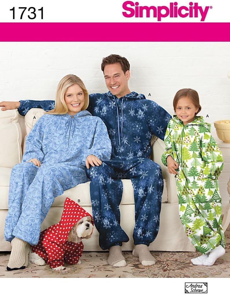 SIMPLICITY 1731 CHILD, TEENS, & ADULT FLEECE JUMPSUIT & DOG COAT ~ SLEEPWEAR (SIZE S, M, L) SEWING PATTERN