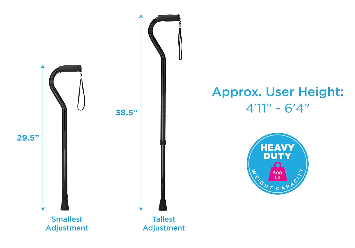 NOVA Heavy Duty Bariatric Walking Cane for Seniors, Men & Women – 500 lb Weight Capacity Offset Cane, Lightweight Adjustable Walking Stick with Soft Foam Grip, Wrist Strap & Non-Slip Tip