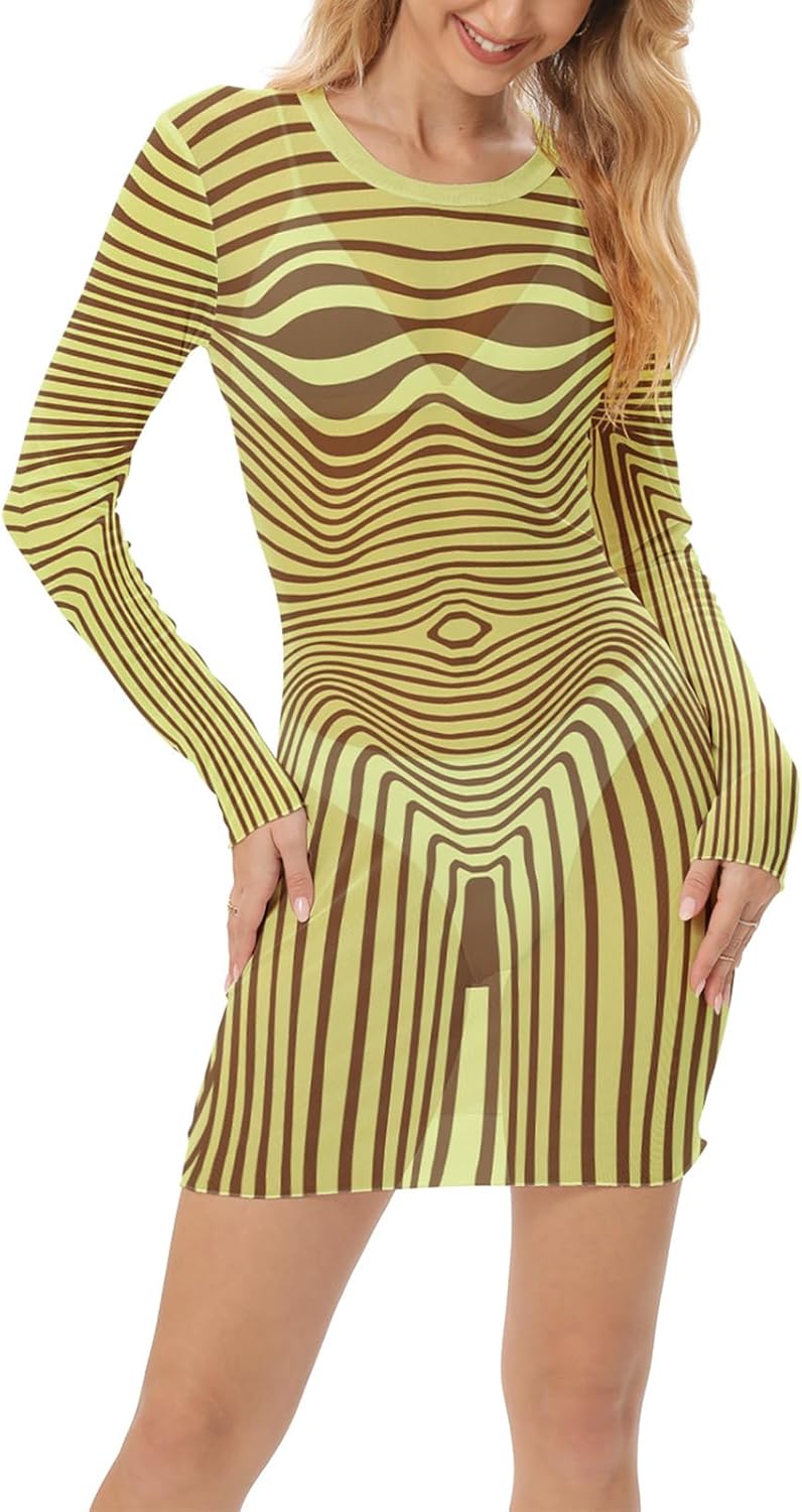 Women's Sheer Mesh Printed Slim Sexy Mini Dresses Long-Sleeve Y2k Punk Party Cover Up Dress