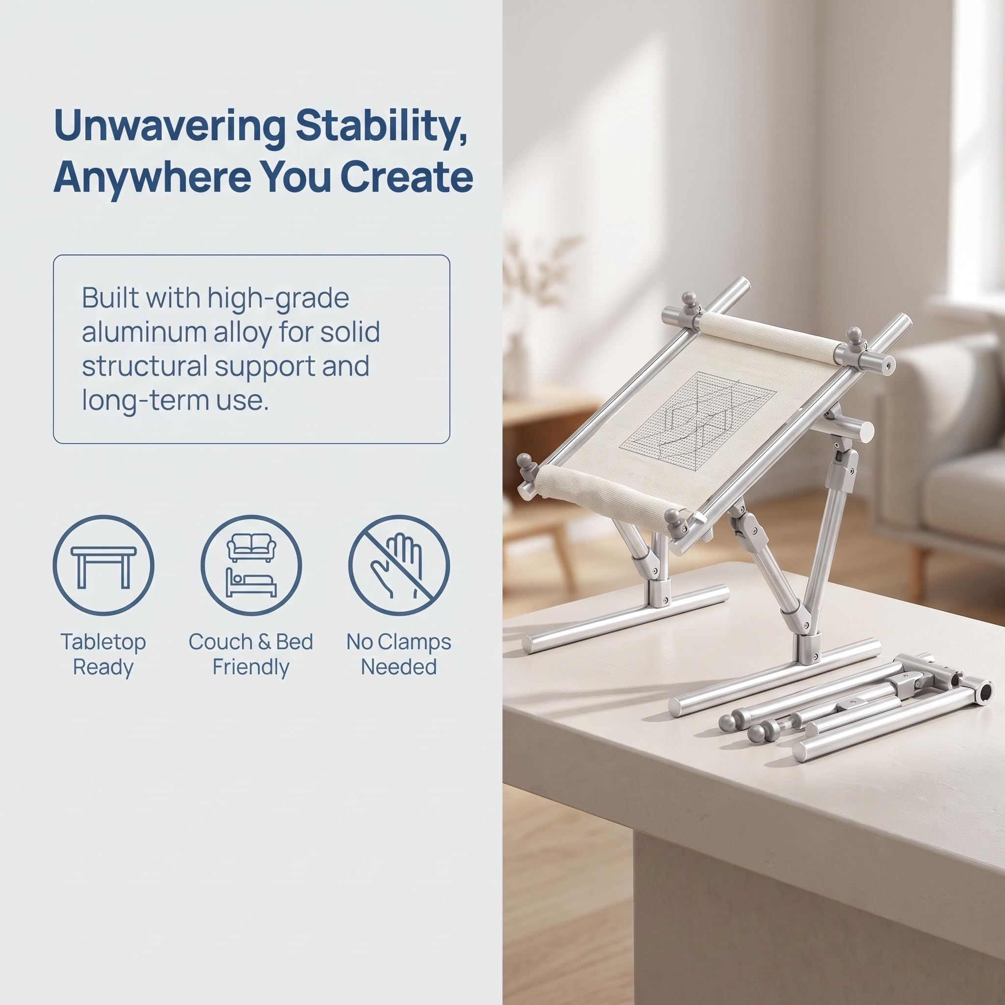 Regulowany aluminiowy stojak 2 w 1, wielofunkcyjny uchwyt do haftu krzyżykowego i przenośny stojak na laptopa, stojak bez użycia rąk na blat, łóżko, kanapę, do robótek ręcznych, pikowania i pracy na