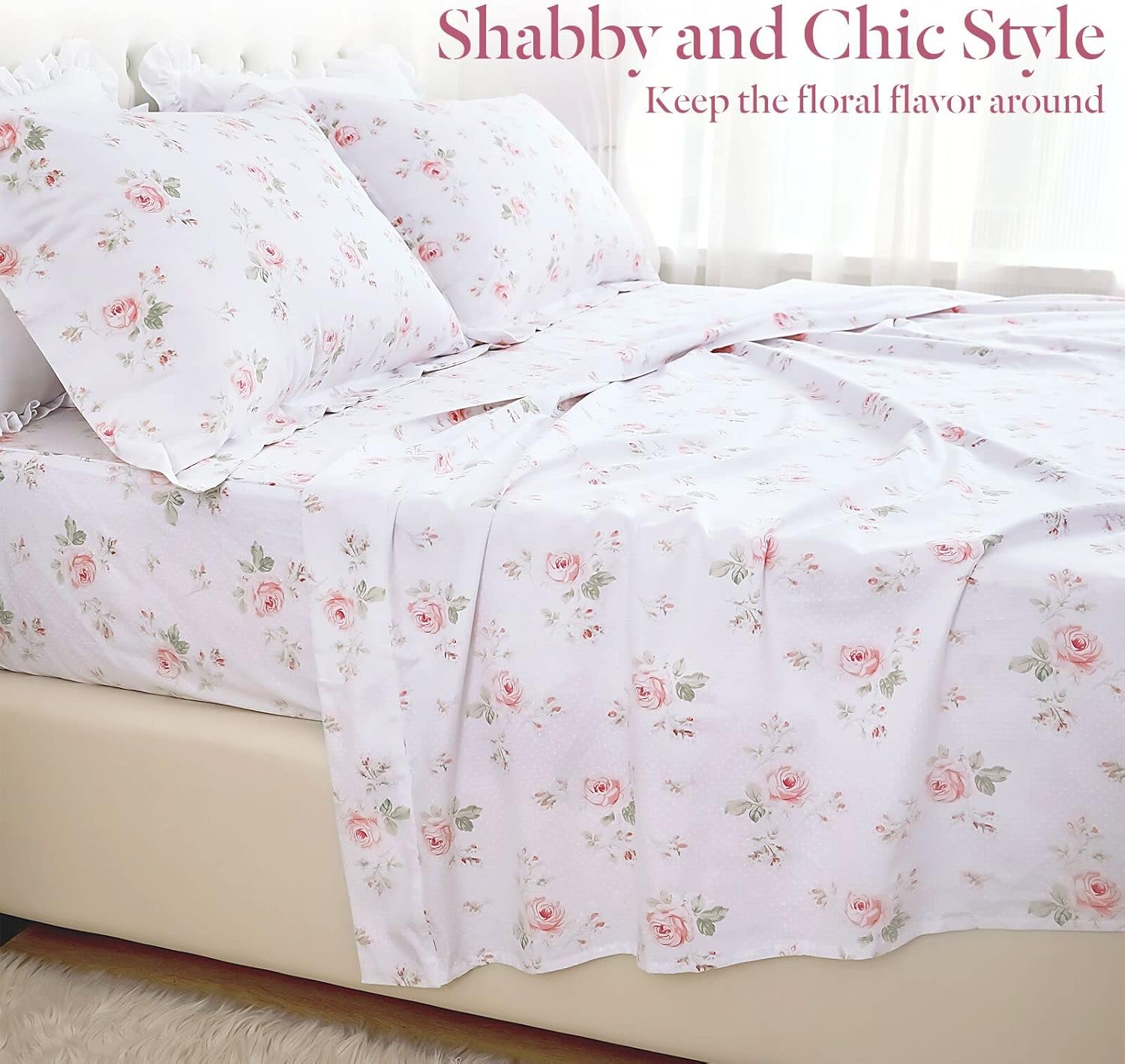 Lady Ann 100% Cotton Floral King Size Sheets Set Deep Pockets, Shabby Vintage Chic Printed Bed Sheets Rose Flower Pattern Cotton King Bedding 4-Piece Breathable Botanical Sheets