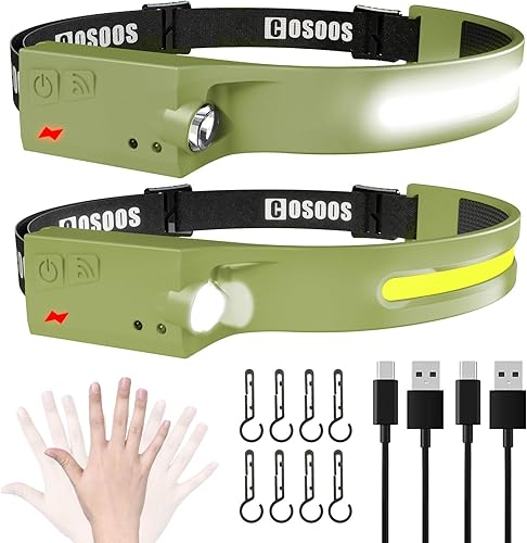 COSOOS - 2 linternas recargables para faros delanteros, lámpara LED brillante, reflector y foco de 1000 lúmenes, sensor de movimiento, faro ligero