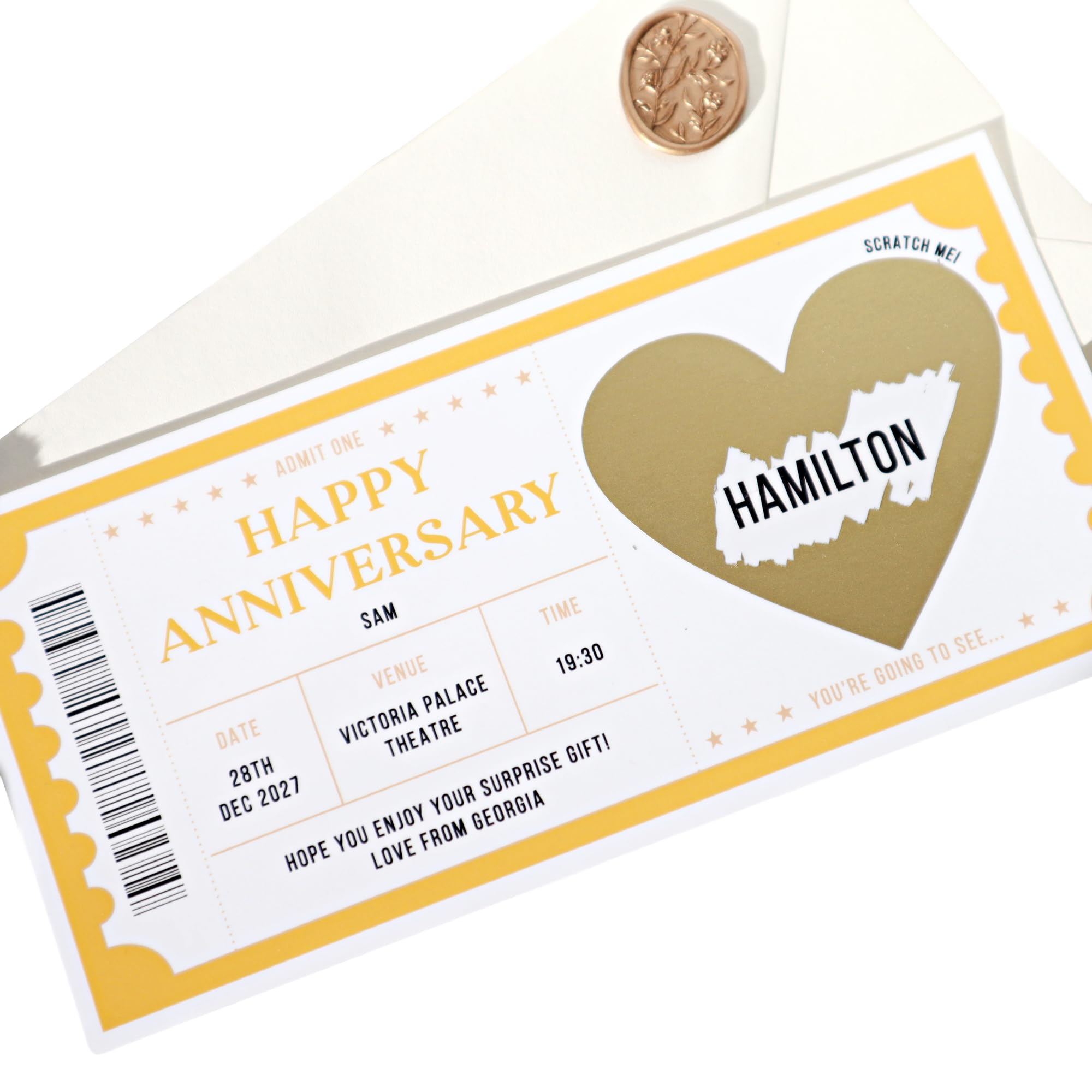 Personalised Musical Theatre Show Ticket Surprise Scratch Reveal Card For Birthday Christmas Anniversary Him Her Gift Voucher Son Daughter Mum Dad Husband Wife ST-05 (Hamilton)