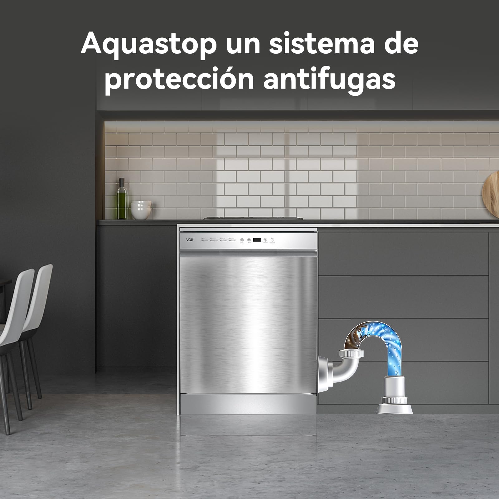 VOK Lavavajillas 60 cm 14 Cubiertos Inox – 3ª Bandeja, 8 Programas, 47 dB Silencioso, Apertura Automática, Aquastop, Cesta Ajustable – Eficiencia Energética C – Instalación Incluida